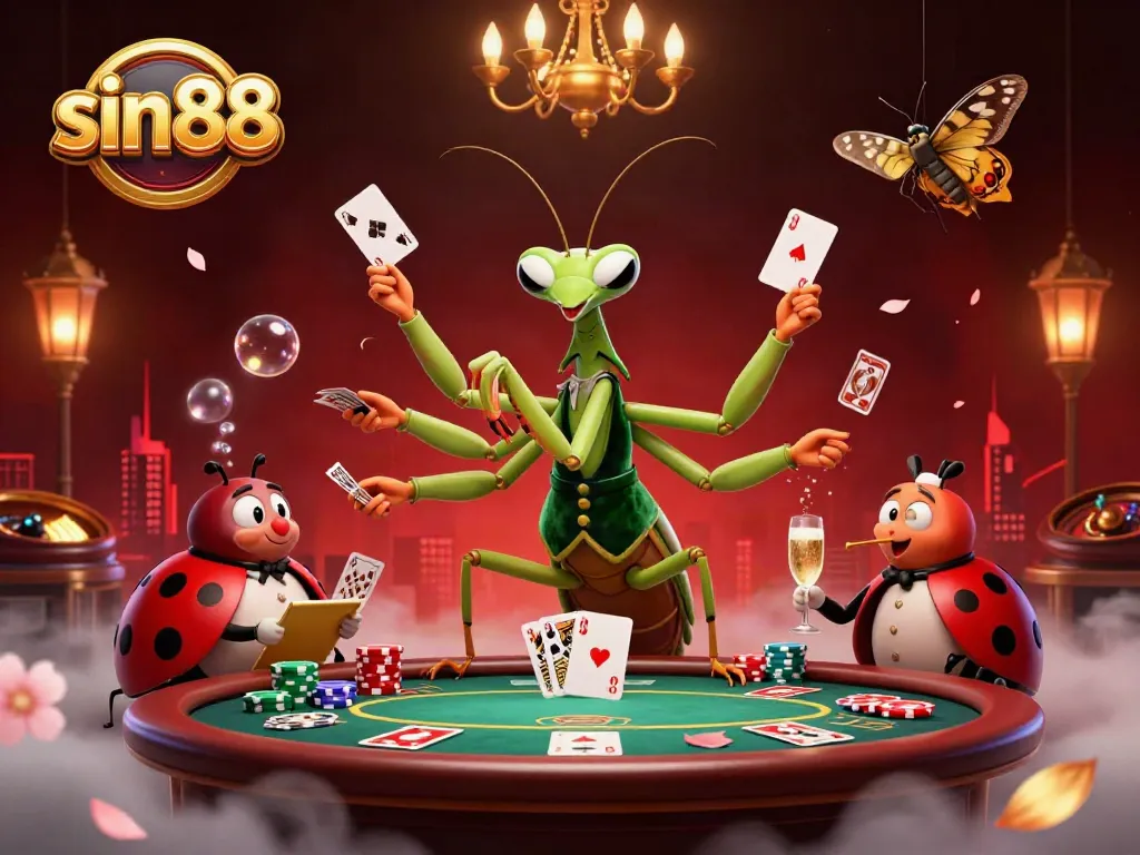 Experience thrilling gameplay with sin88 as the giant praying mantis deals cards at a vibrant casino scene.