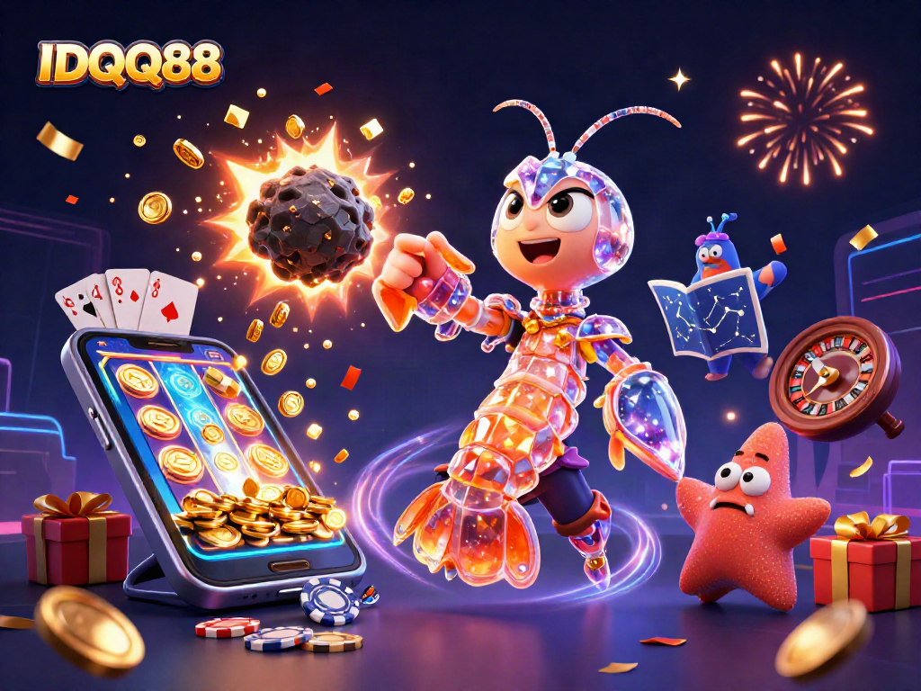 IDQQ88 showcases a galactic samurai shrimp amidst casino elements, highlighting vibrant gameplay excitement.