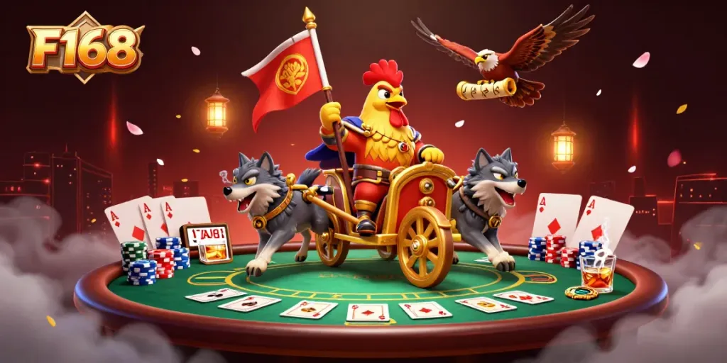 Engage with F168's thrilling 3D casino scene featuring dynamic poker action and vibrant characters.