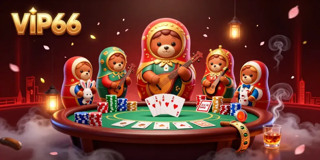 Experience VIP66's vibrant casino atmosphere with cartoon characters engaged in gaming fun.
