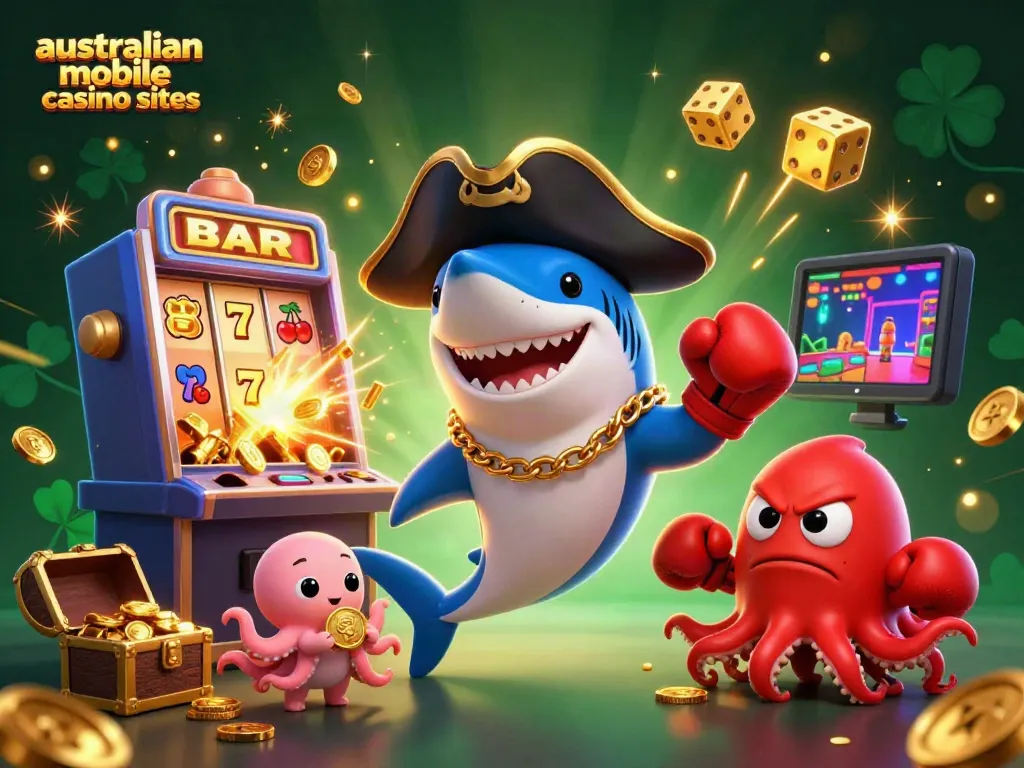 Engaging scene of australian mobile casino sites featuring a shark, pufferfish, and octopus amidst vibrant casino elements.