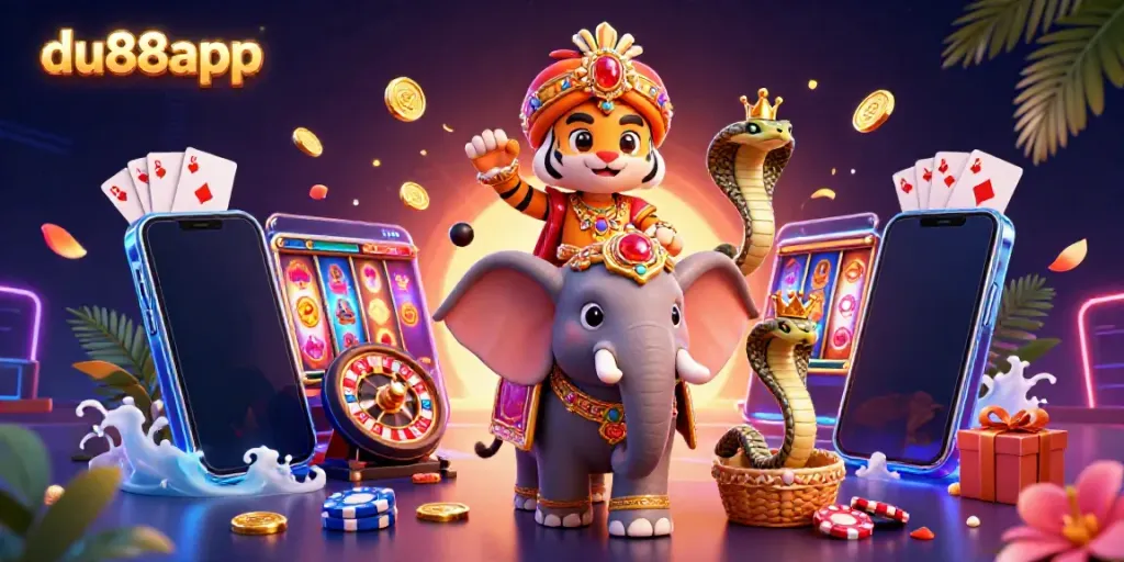 Experience the vibrant action of du88app with colorful casino elements and a majestic tiger.