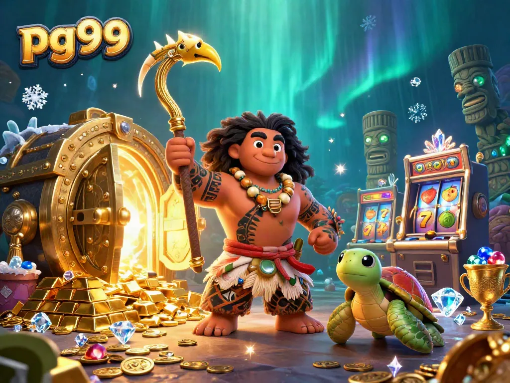 Engage with pg99's thrilling slot games illustrated by a vibrant 3D scene featuring a demigod hawk and treasures.