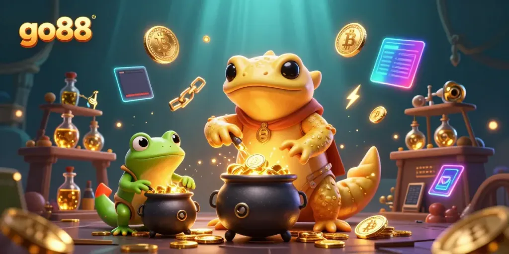 Experience go88's thrilling gaming landscape with golden characters and cryptocurrency elements.