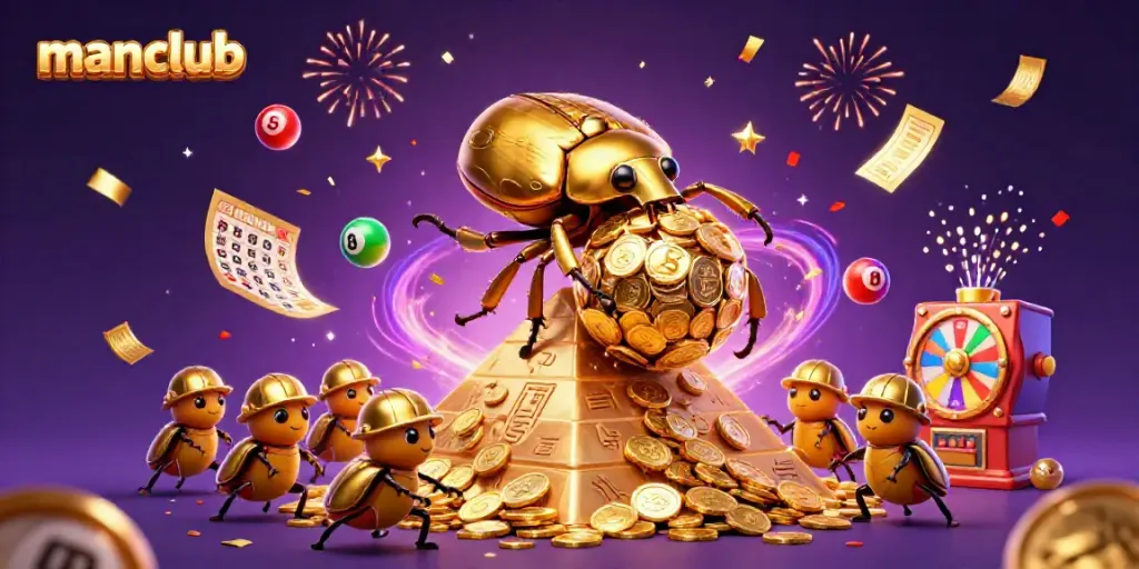 Experience thrilling moments at manclub with golden coins and lottery balls in a vibrant casino scene.