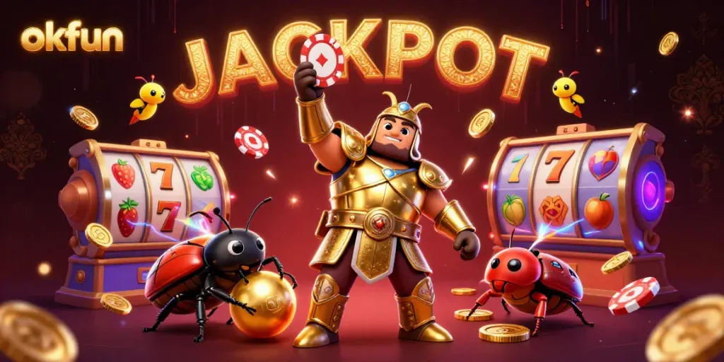 Spin the reels at okfun with colorful slot games and excitement led by a victorious beetle in armor.