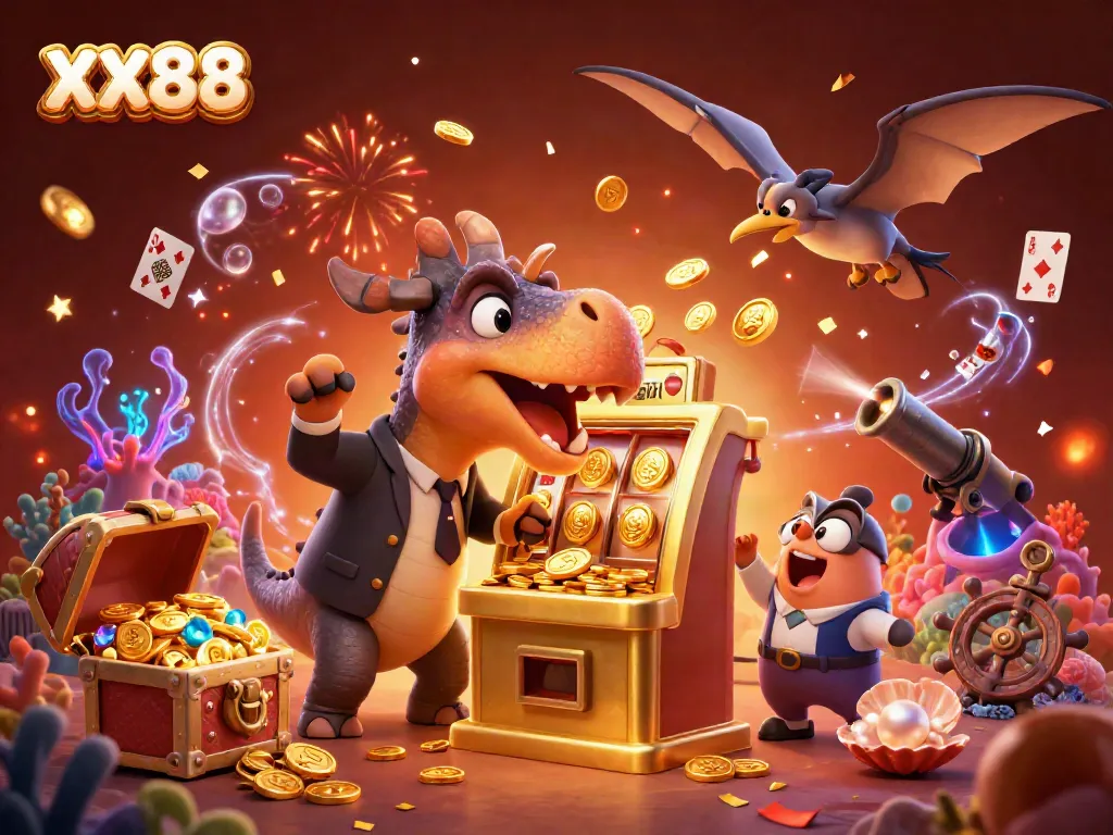 Experience the excitement of XX88 with a dinosaur-themed casino jackpot scene, showcasing thrilling gaming elements.