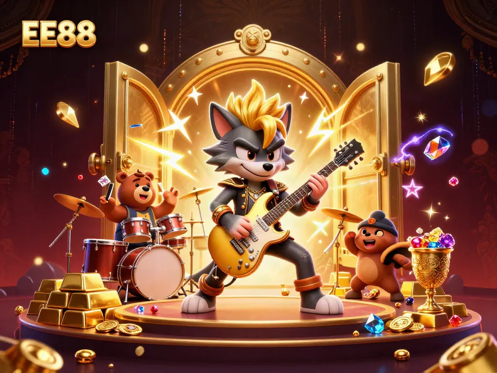Experience the thrill of EE88 with rock star wolf shredding on a golden guitar amidst dazzling casino treasures.