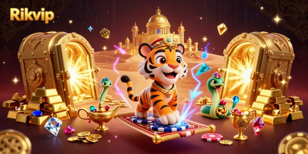 Engage with thrilling games at Rikvip, featuring a vibrant Arabian Nights-themed casino scene.