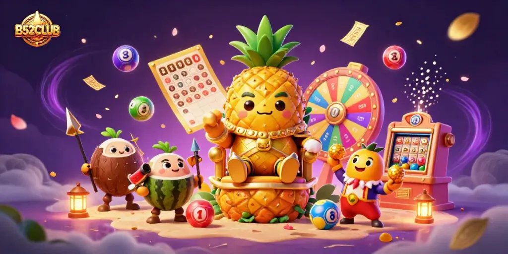 B52CLUB promotion featuring a golden pineapple king surrounded by colorful lottery elements and bright casino themes.