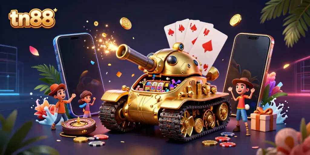 Engage in thrilling gameplay with tn88's vibrant casino scene featuring a golden beetle tank and dynamic gaming elements.