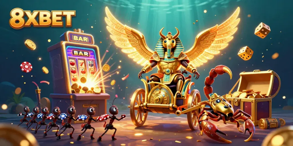 Experience the thrill of 8XBET with a golden scarab beetle and scorpions amidst a casino jackpot explosion.