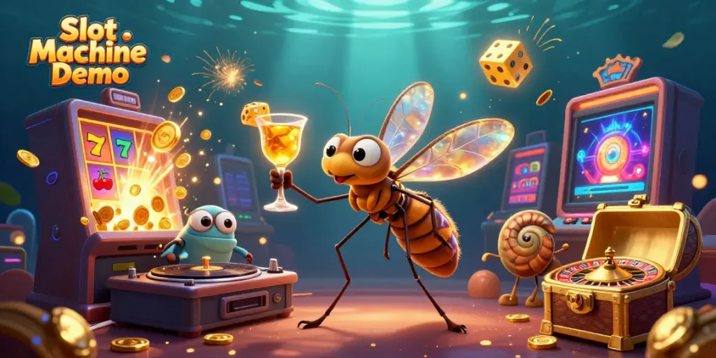 Engage with the vibrant Slot Machine Demo scene featuring unique casino-themed characters and elements.
