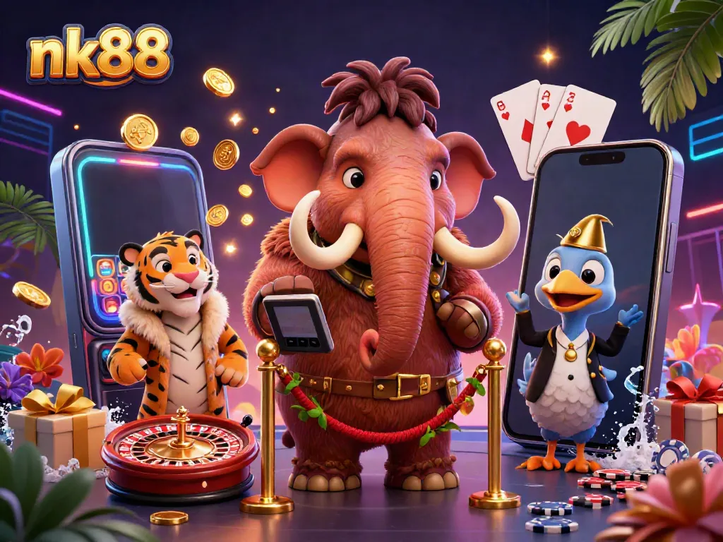 Experience thrilling action at nk88 casino with vibrant characters and casino elements in a lively 3D scene.