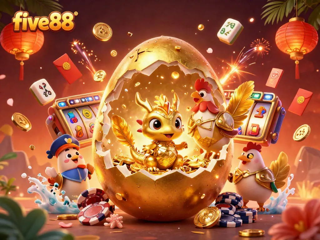 Experience exciting wins with five88 in this vibrant casino scene filled with dynamic games and golden treasures.