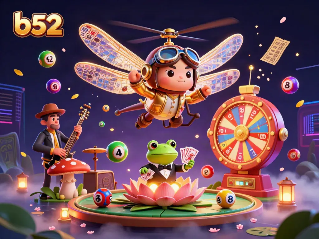 The b52 casino scene features a whimsical dragonfly pilot and frog croupier surrounded by vibrant lotto balls.