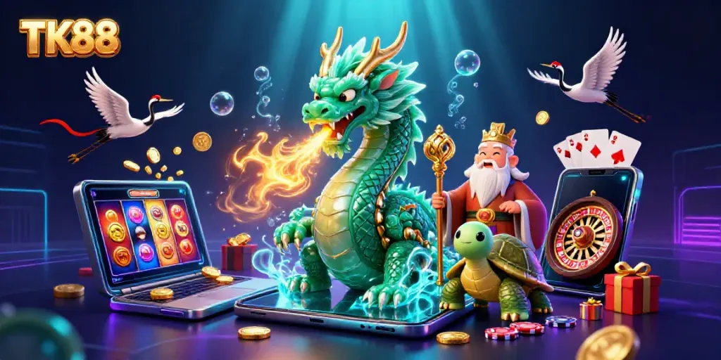 Engaging visual of TK88's vibrant online casino world featuring characters and dynamic gaming elements.