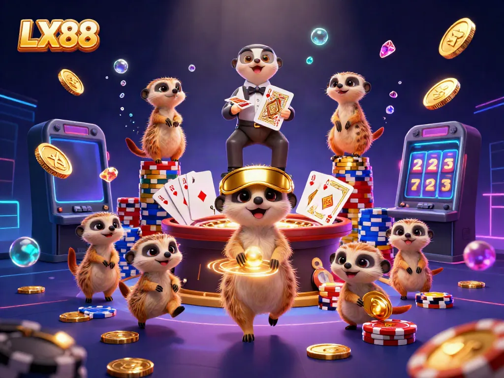 Meerkats operating an elaborate LX88 casino scene, with a festive atmosphere of golden coins and gems.