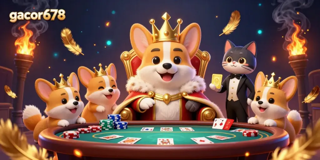 Experience excitement with gacor678 as a royal corgi presides over a vibrant casino scene adorned with poker elements.