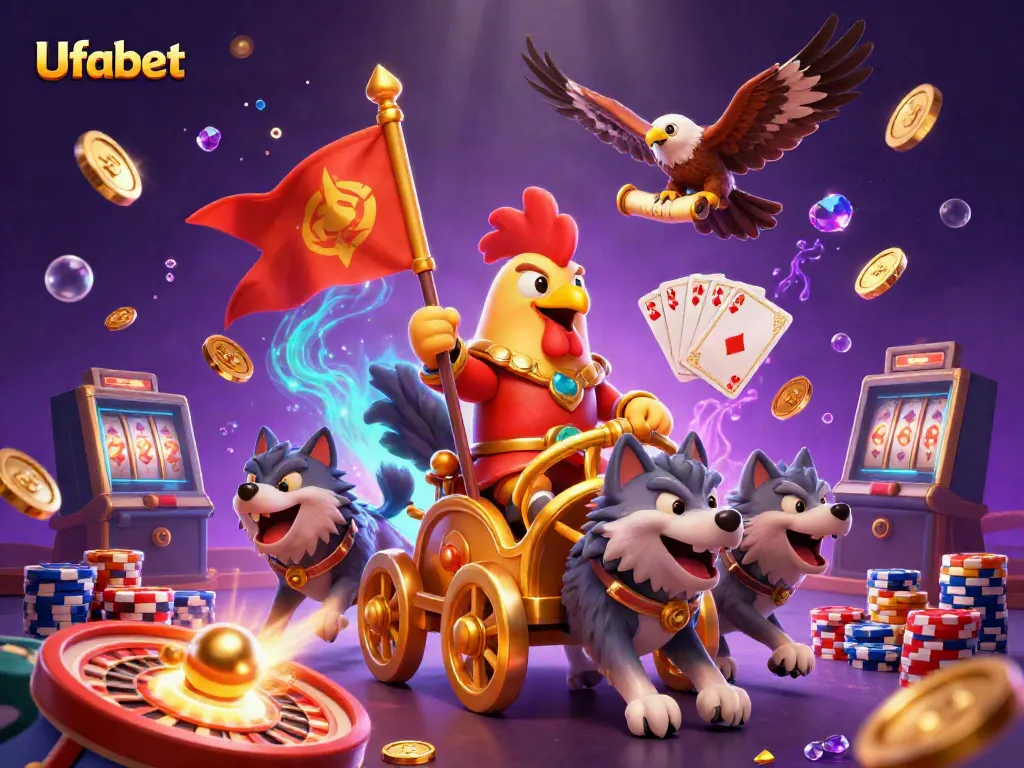 Experience the thrill of Ufabet with a 3D rooster warlord leading a dynamic casino battle scene.