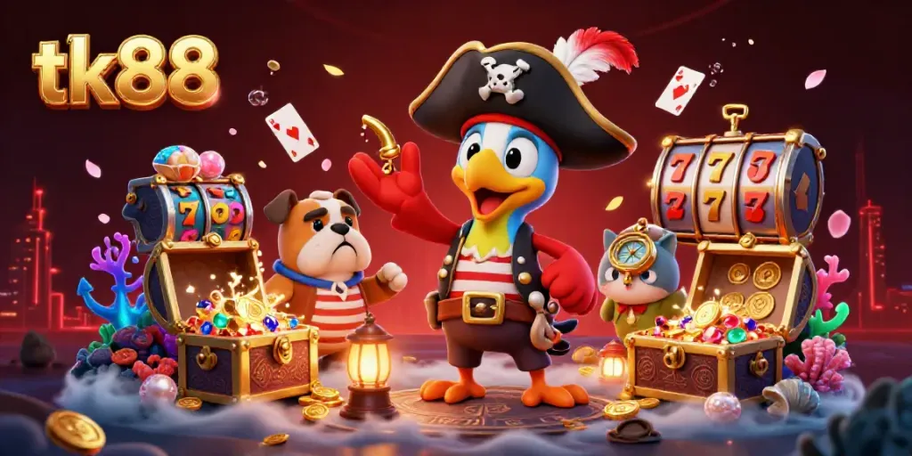 Experience the excitement of casino gaming with tk88 in this vibrant pirate adventure scene filled with treasures.