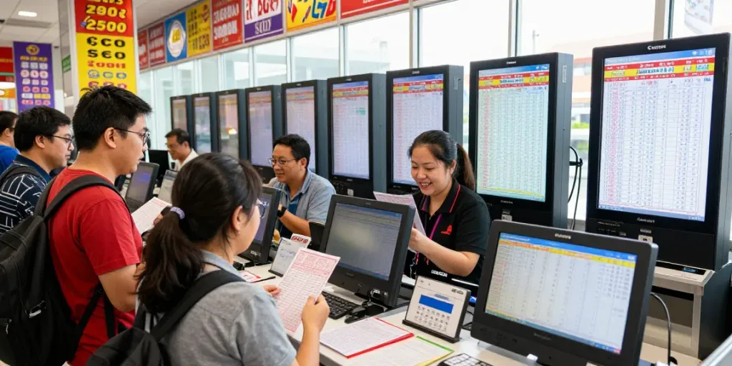 People checking togel 4D lottery results at a vibrant center.