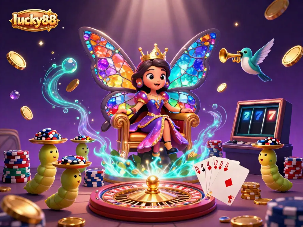 Experience the excitement of lucky88 with vibrant casino elements and animated characters set in a magical scene.