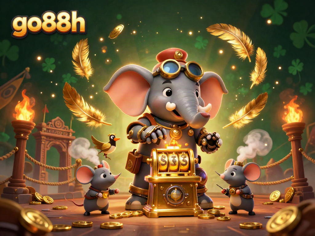 Engage with the go88h golden slot machine in a vibrant steampunk casino scene.
