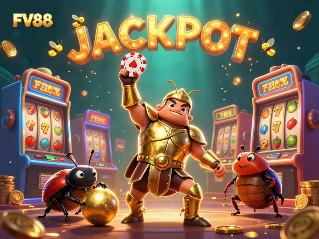 Experience thrilling moments at FV88 with an animated scene of a victorious beetle surrounded by vibrant casino elements.