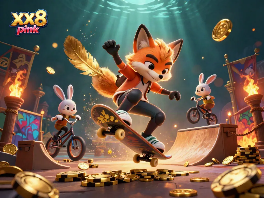 Experience thrilling action with xx8 pink as a skateboarder fox performs tricks in a vibrant casino scene.