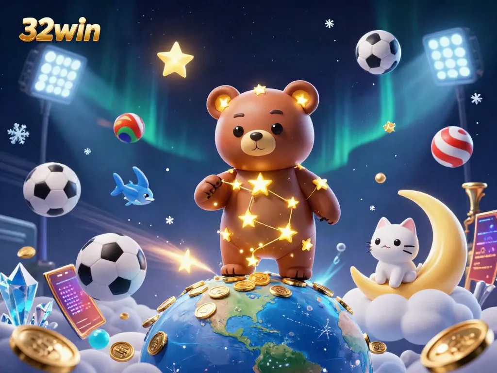 Experience thrilling gameplay at 32win as a golden bear scoops coins amidst dynamic sports elements.