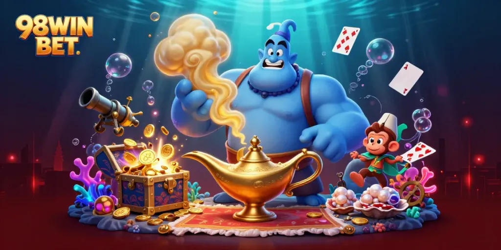 Experience exciting gameplay with 98WIN BET in this colorful 3D illustration featuring a magical scene.