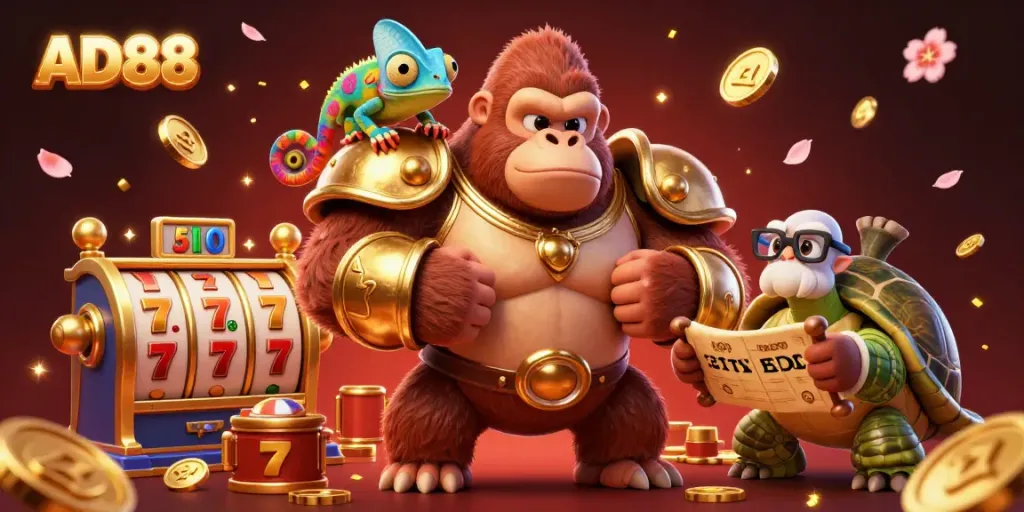 AD88 showcases a gorilla king and a chameleon in a vibrant casino scene with slot reels and golden elements.