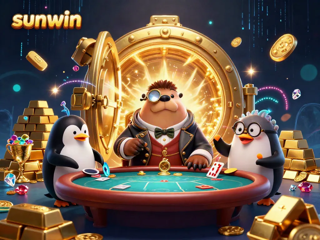 Engaging scene featuring sunwin characters at a vibrant underwater poker table with treasure effects.