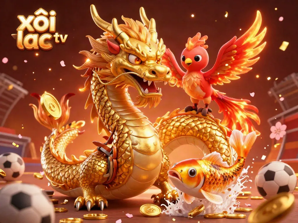 Experience thrilling wins with xôi lạc tv, where a golden dragon, phoenix, and koi fish celebrate on this vibrant sports-themed scene.