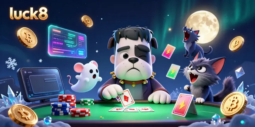 Experience the thrill of luck8 with a spooky 3D casino scene showcasing unique gambling characters.