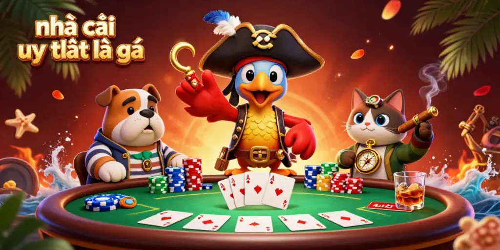 Engage in thrilling poker action with "nhà cái uy tín là gì," featuring charismatic pirate characters and rich casino elements.