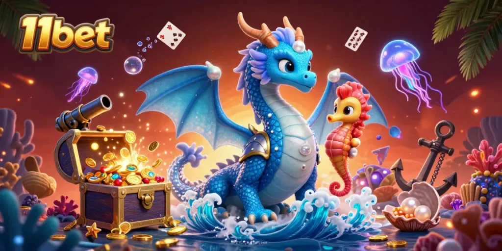 Win big with vibrant 11bet-themed underwater scene featuring enchanting dragon and creatures.