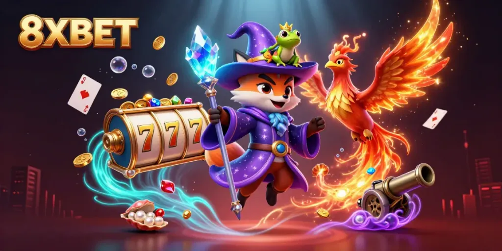 Experience the thrill of 8XBET with a mystical 3D wizard fox in a lively casino-themed scene full of slots and treasures.