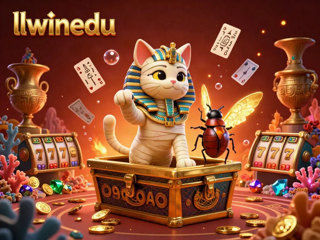 Experience thrilling gaming adventures at llwinedu featuring an Egyptian mummy cat and glowing scarab in a vibrant casino.