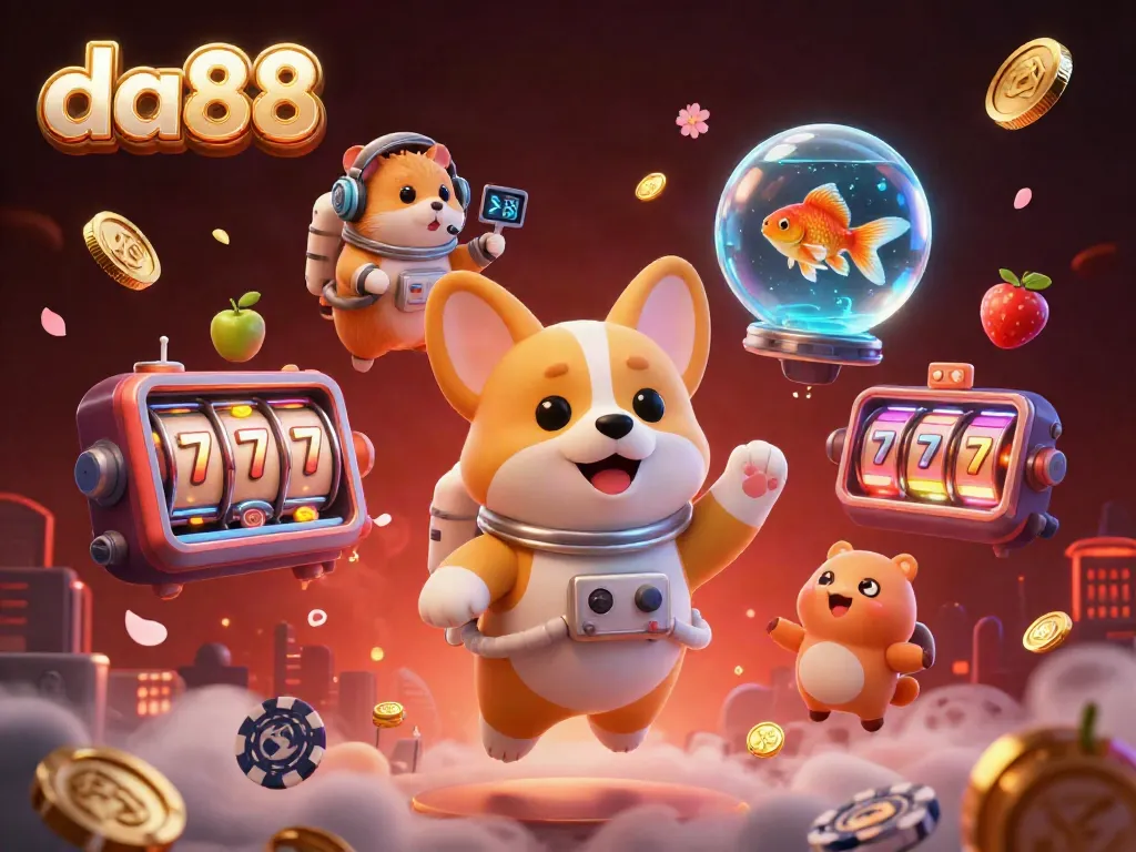 Experience thrilling gameplay with da88 in a vibrant, dynamic casino scene featuring a floating astronaut corgi and charming characters.