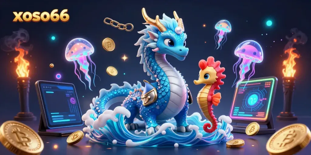 Enjoy thrilling gameplay with xoso66's captivating casino scene featuring mythical creatures and crypto elements.