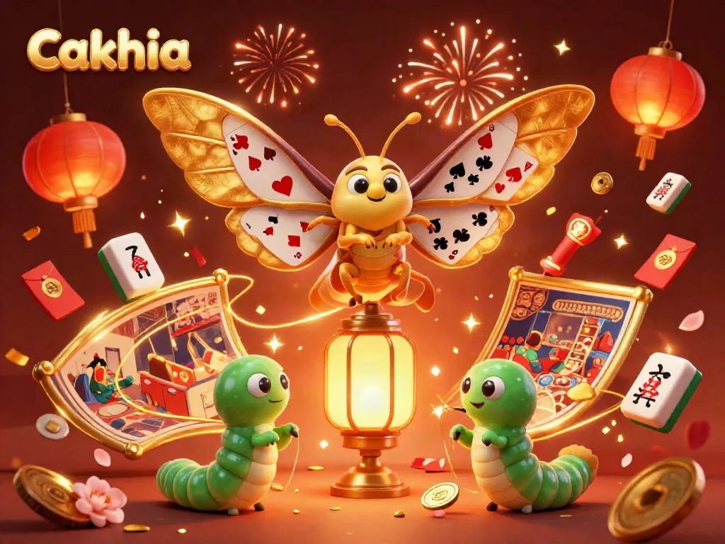 Cakhia features a vibrant illustration with golden-winged moths and elements of celebration reflecting the essence of casino entertainment.