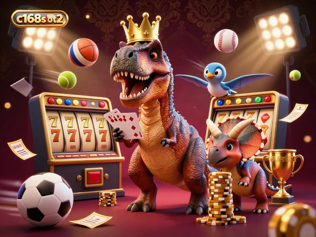Engage with c168slot2 in a vibrant 3D casino illustration featuring a T-Rex shuffling cards and a triceratops stacking chips.