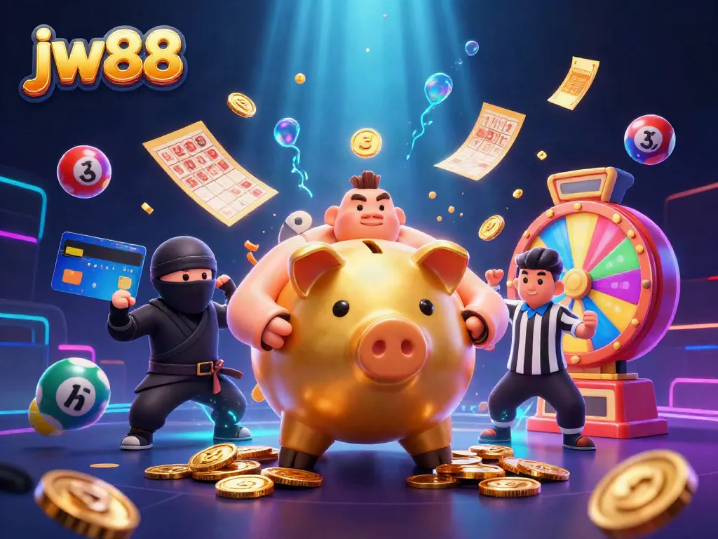 Experience exciting wins with jw88's animated golden piggy bank and colorful lottery elements.