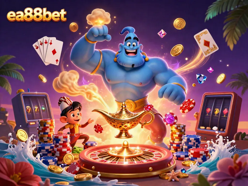 Experience unbeatable luck with ea88bet's thrilling casino adventure featuring a magical genie, poker chips, and vibrant game elements.