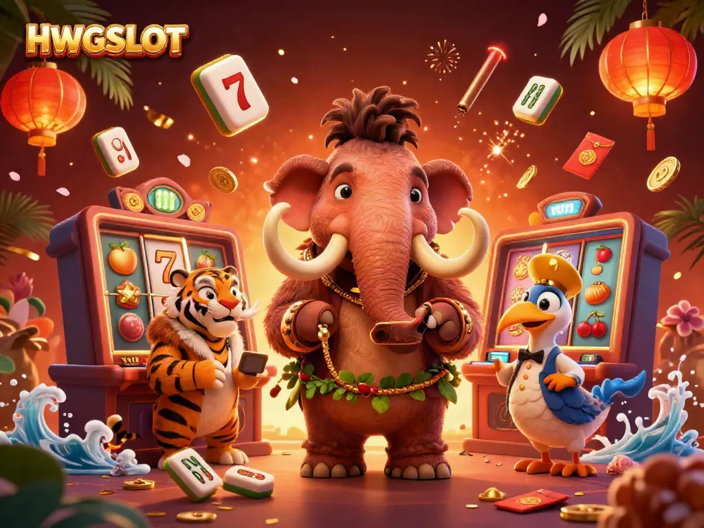 HWGSLOT showcases a vibrant casino scene with a woolly mammoth bouncer checking IDs and slot reels spinning.