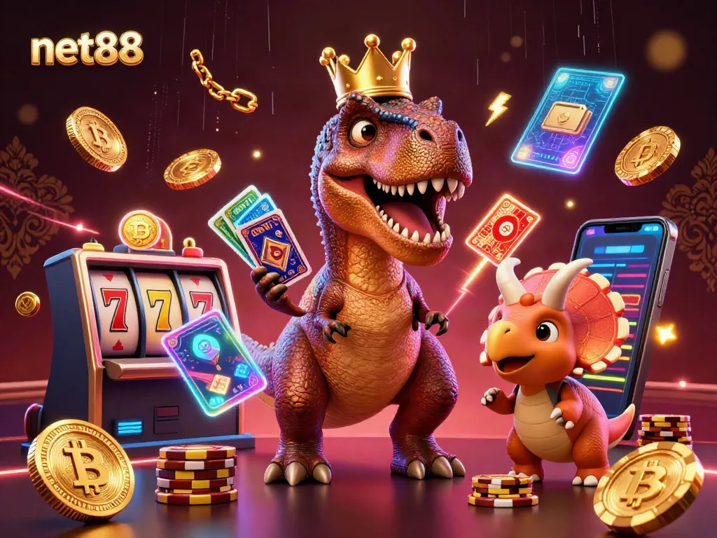Win big with net88 while T-Rex and friends shuffle cards and stack chips in a vibrant casino!