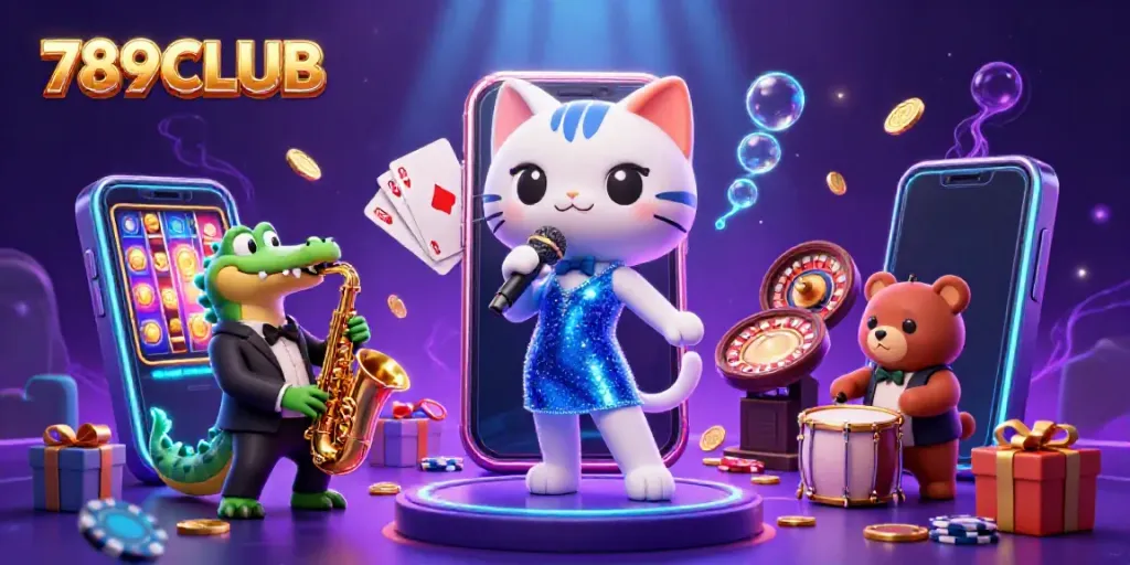 Engage with exciting games at 789CLUB, featuring lively casino characters amid vibrant slot elements.