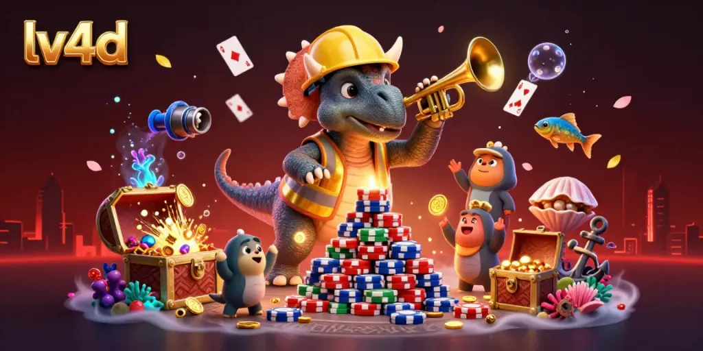 Experience thrilling online gaming with lv4d as cartoon dinosaurs celebrate amidst sparkling poker chips and treasure.